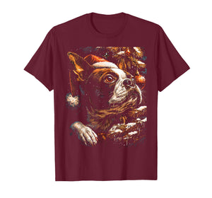 Christmas Boston Terrier Santa Hat Festive Winter Snowy Dog T-Shirt