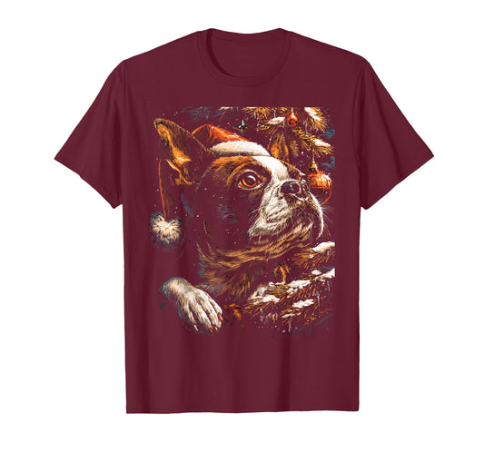 Christmas Boston Terrier Santa Hat Festive Winter Snowy Dog T-Shirt