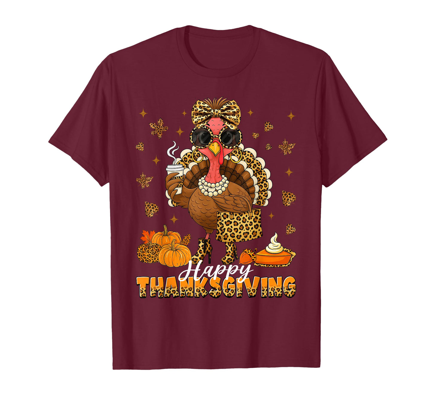 Leopard Bougie Turkey Drinking Coffee Happy Thanksgiving T-Shirt