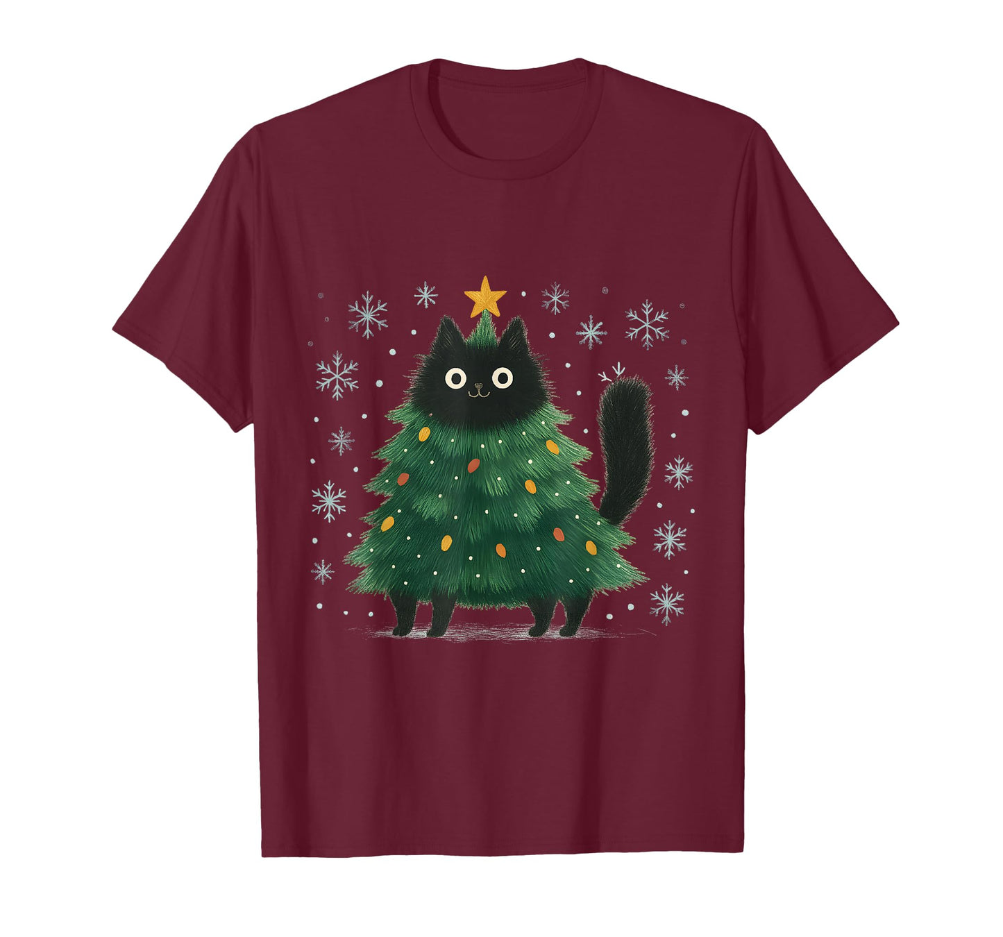 Cute Christmas Tree Cat Funny Holiday Snowflake T-Shirt