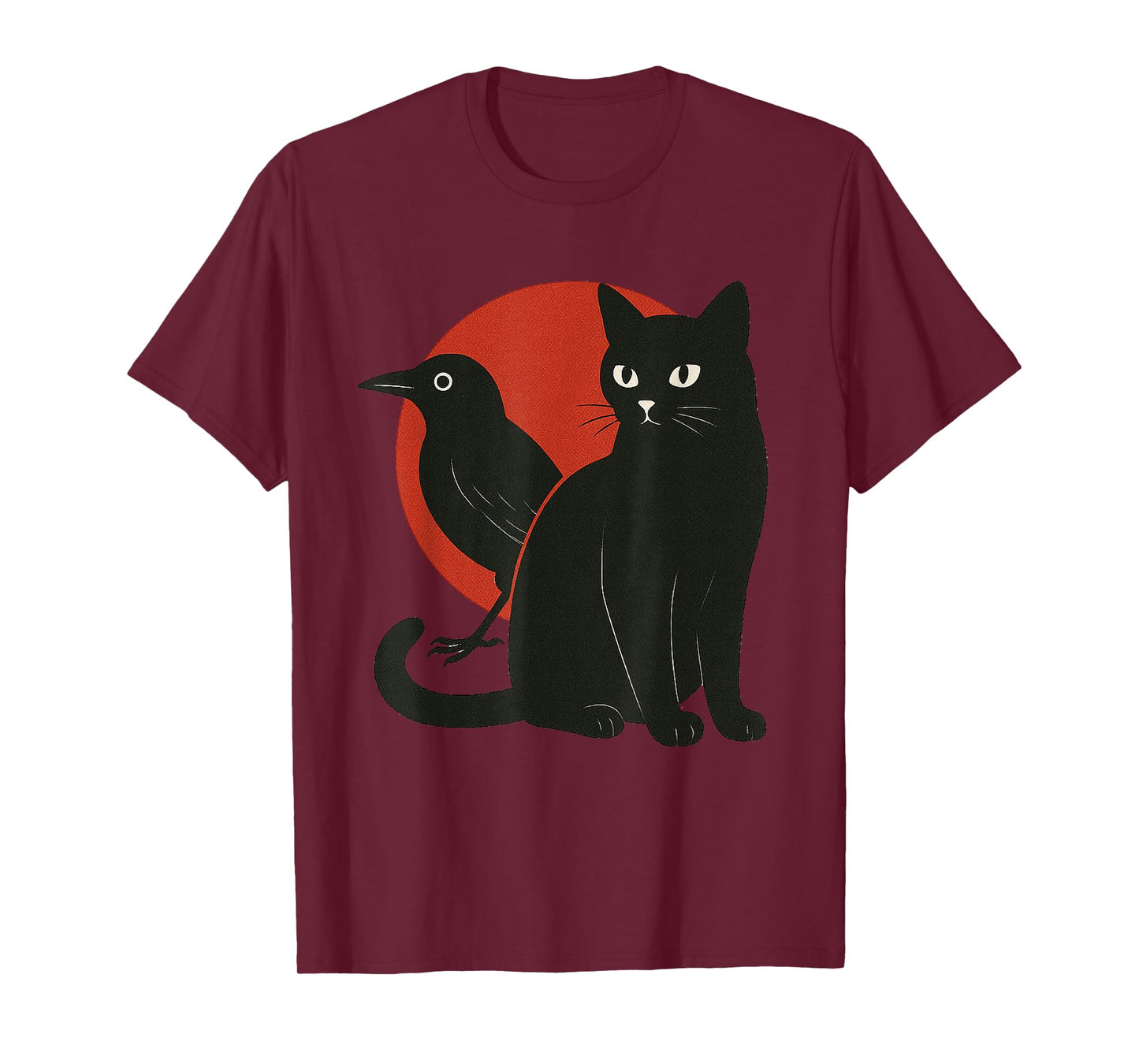 Minimal Black Cat and Raven Red The Moon Symbolic Murakami T-Shirt