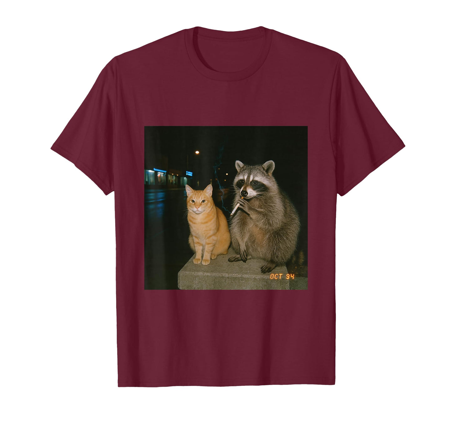 Vintage Raccoon Cat Smoking Aesthetic Night Photo 90s Vibe T-Shirt