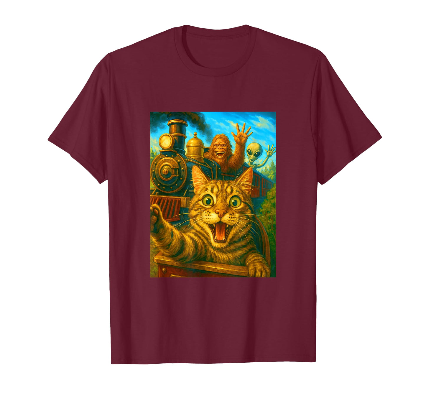 Steam Engine Train Cat Selfie Bigfoot Alien Steam Locomotive T-Shirt