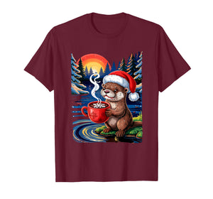 Otter Drinking Hot Cocoa Christmas Santa Hat Winter Wildlife T-Shirt