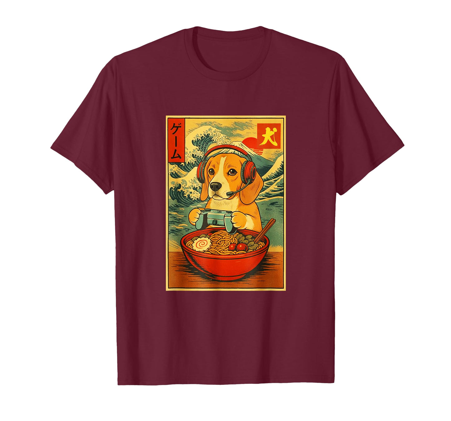 Beagle Dog Gaming Ramen Japanese Ukiyo-e Great Wave Retro T-Shirt