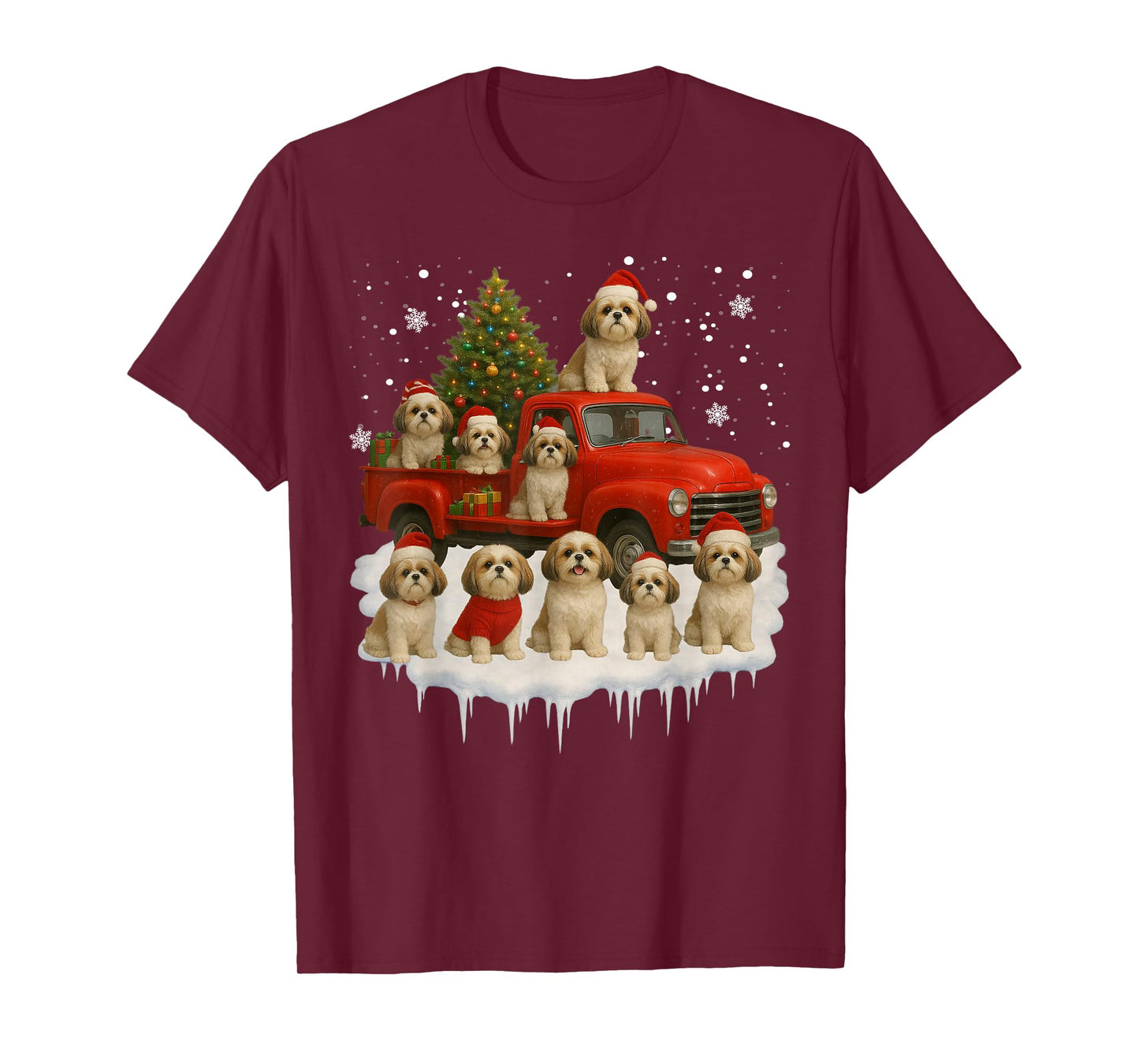 Shih Tzu Dog Red Truck Christmas Tree Santa Ugly Xmas T-Shirt