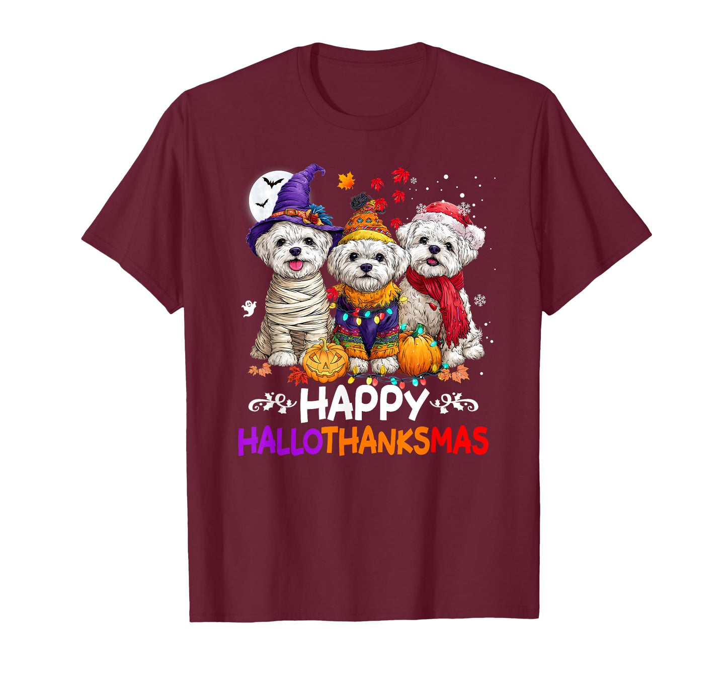 Cute Maltese Dog Hallothanksmas Halloween Thanksgiving Xmas T-Shirt
