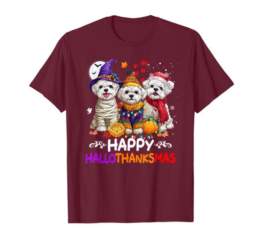 Cute Maltese Dog Hallothanksmas Halloween Thanksgiving Xmas T-Shirt