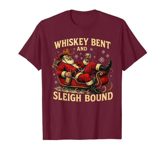 Whiskey Sleigh Bound Cowboy Santa Christmas T-Shirt