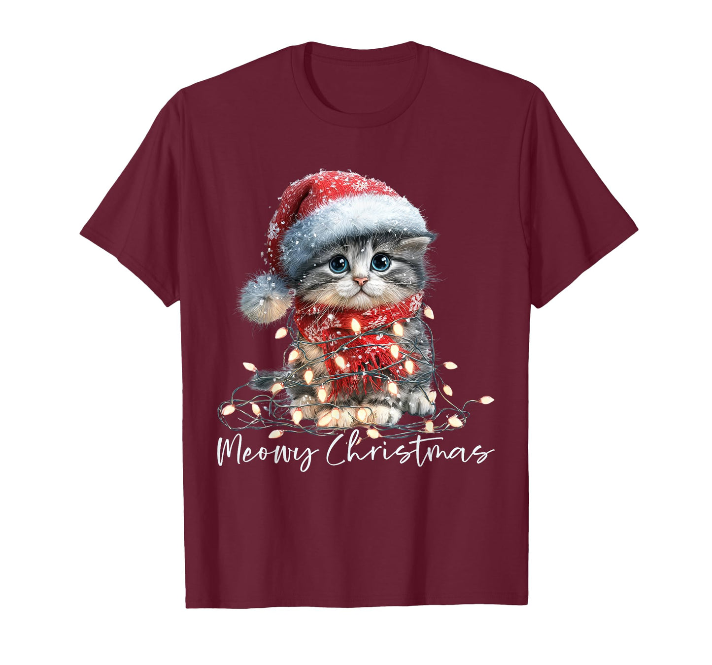Meowy Christmas Black Cat Lights Santa Hat Funny Holiday T-Shirt