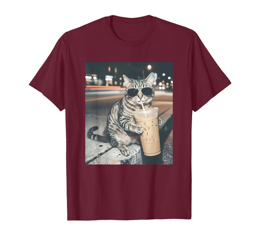 Cat Drinking Iced Coffee Funny Animal Meme Men Women T-Shirt