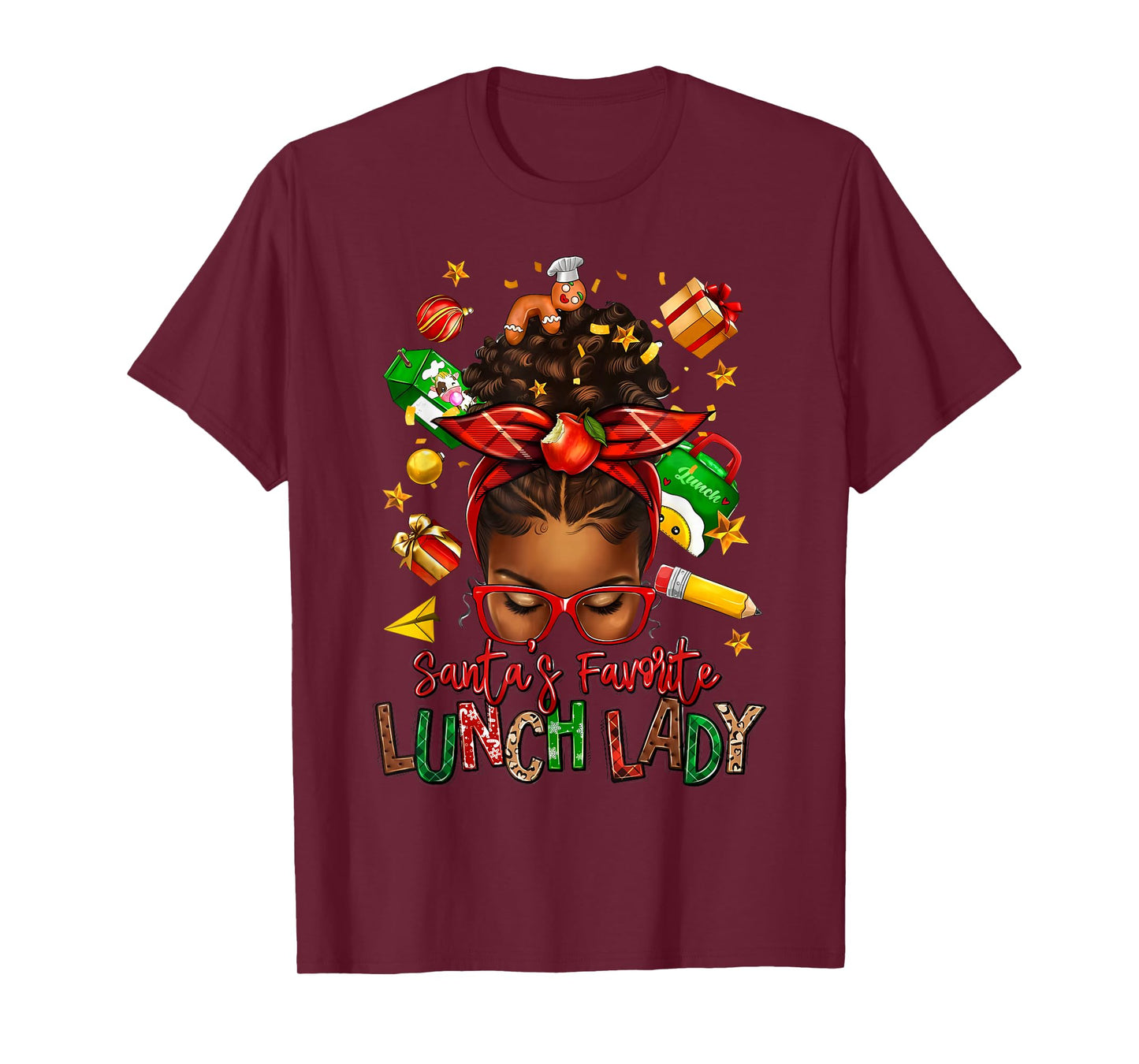 Santa's Favorite Lunch Lady Afro Messy Bun Woman Christmas T-Shirt