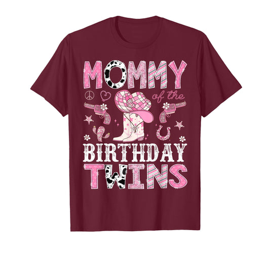 Mommy of The Birthday Twins Pink Rodeo Cowgirl Western T-Shirt