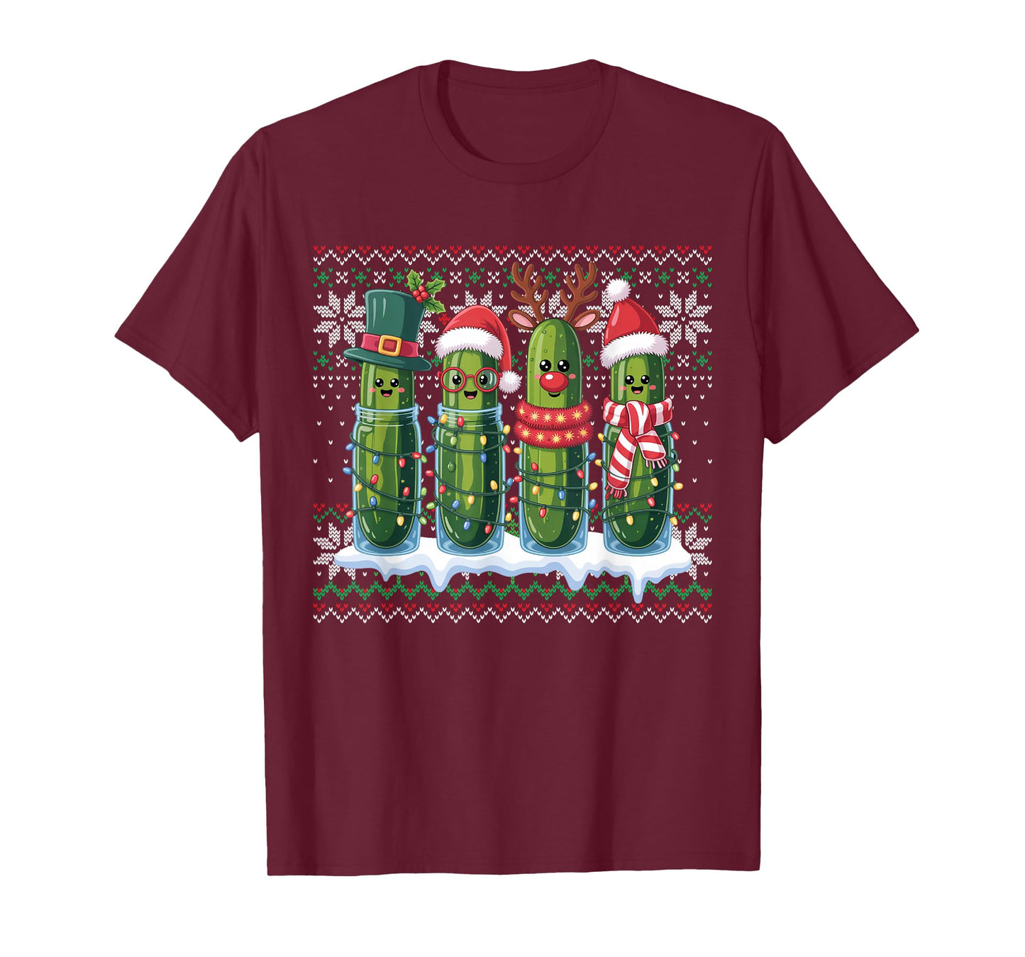 Funny Pickles Christmas Lights Santa Hat Xmas Ugly Sweater T-Shirt