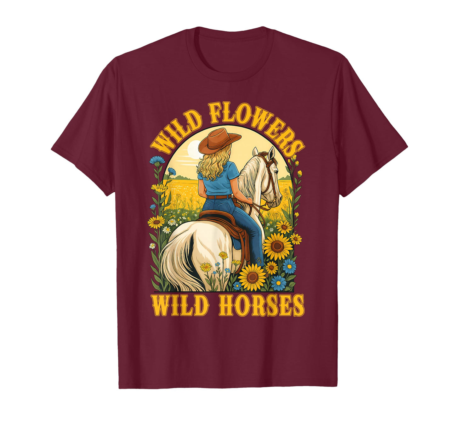 Retro Southern Sunset Cowgirl Wild Flowers Wild Horses T-Shirt