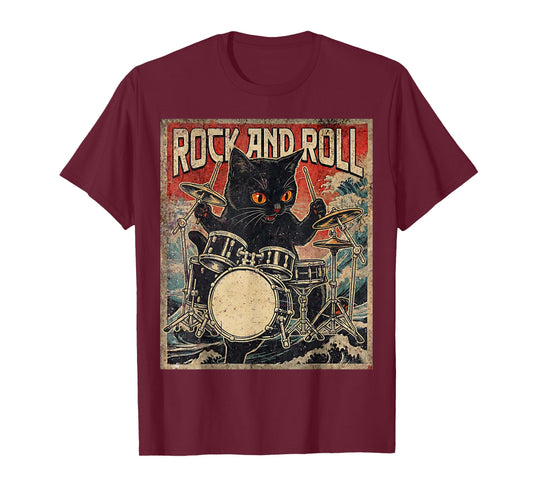 Cat Playing Drums Rock On Vintage Rock Drummer Cat T-Shirt