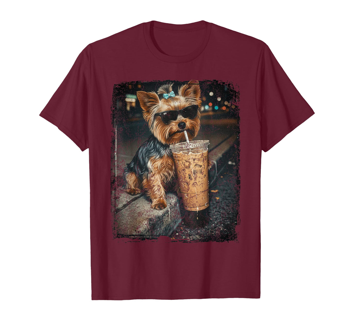 Yorkie Drinking Iced Coffee Funny Yorkshire Terrier Lover T-Shirt