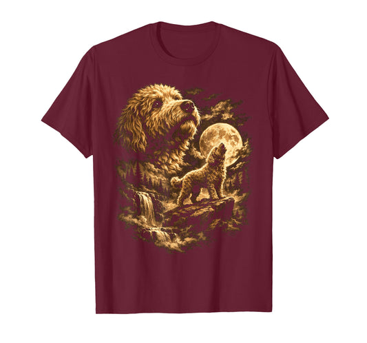 Golden Doodle Dog Howling Moon Fantasy Forrest Wilderness T-Shirt