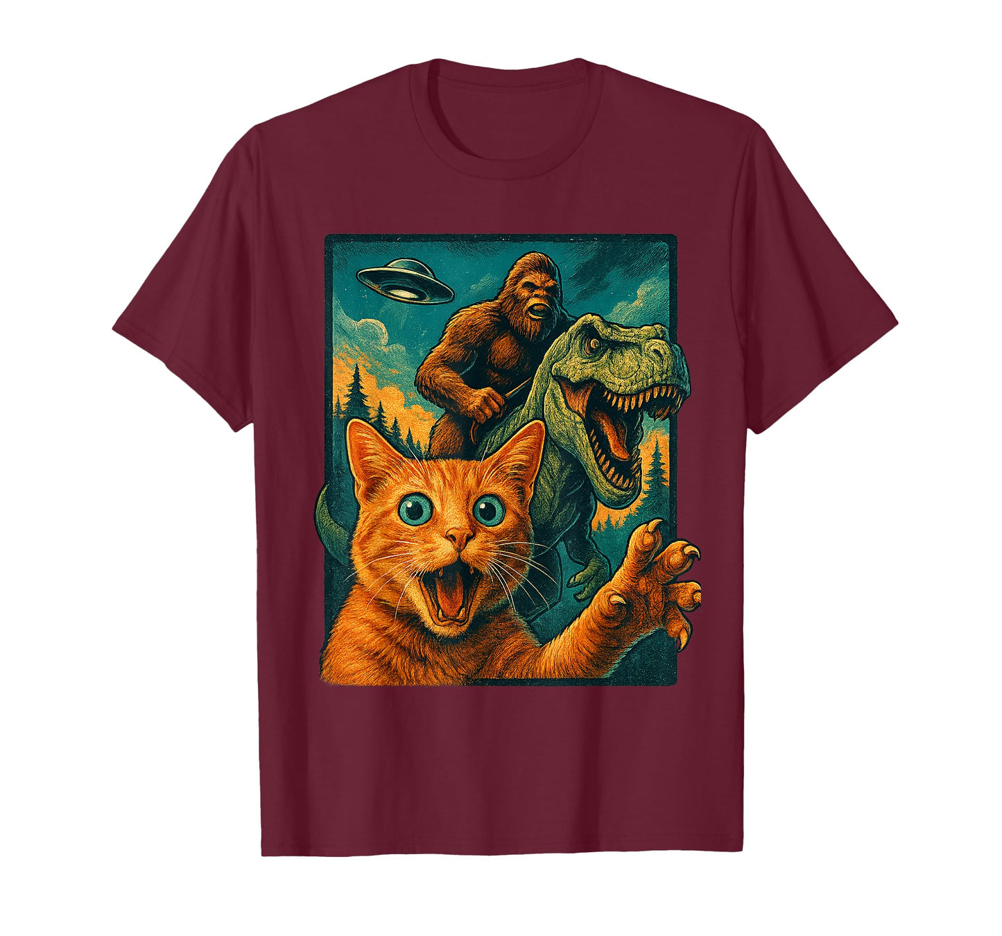 Funny Surprised Cat Selfie Ape Dinosaur Vintage Fantasy T-Shirt