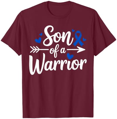 Son of a Warrior Colon Cancer Awareness Blue Ribbon Support T-Shirt - T-Shirt | Maroon