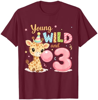 Kids Kids 3rd Birthday Young Wild and Three 3 Year Old Giraffe T-Shirt - T-Shirt | Maroon