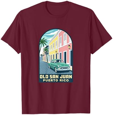 Old San Juan Puerto Rico Vintage Car Travel Poster Design T-Shirt - T-Shirt | Maroon