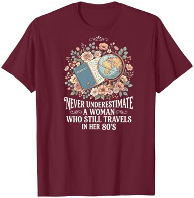 Never Underestimate A Woman Who Still Travels in Her 80's T-Shirt - T-Shirt | Maroon