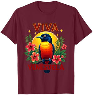 Viva Venezuela Tropical Troupial Hibiscus Venezuelan Turpial T-Shirt - T-Shirt | Maroon