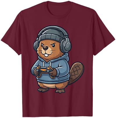 Funny Beaver Gaming Video Games Animal Gamer Kids T-Shirt - T-Shirt | Maroon