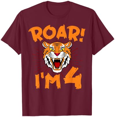 Tiger 4th Birthday Party Zoo Jungle Zookeeper Animal Lover T-Shirt - T-Shirt | Maroon