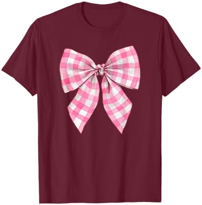 Pink and White Gingham Plaid Coquette Bow Trendy Retro Cute T-Shirt - T-Shirt | Maroon