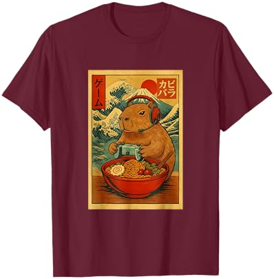 Capybara Gaming Ramen Japanese Ukiyo-e Great Wave Retro Art T-Shirt - T-Shirt | Maroon