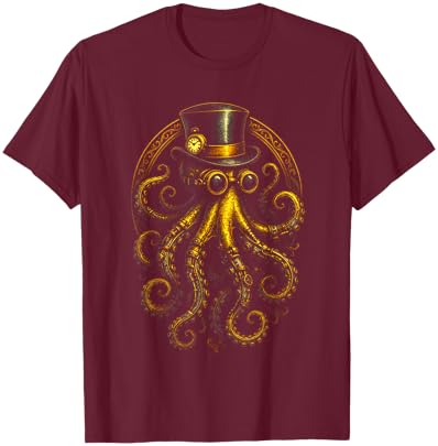 Steampunk Octopus - Retro Funky Gear Art T-Shirt - T-Shirt | Maroon