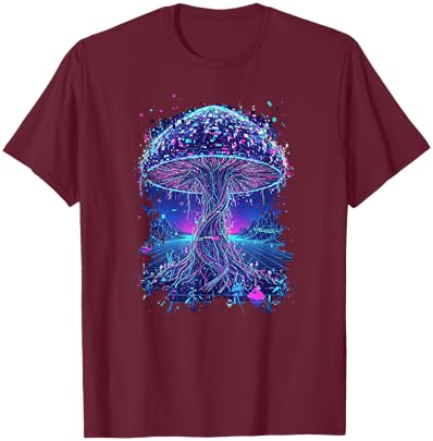Psychedelic Glitch Mushroom | Cyberpunk Neon Nature Network T-Shirt - T-Shirt | Maroon