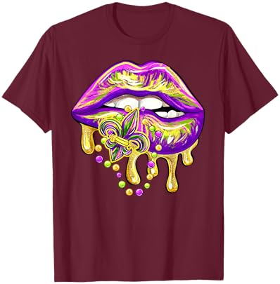 Mardi Gras Lip Fleur De Lis Funny Costume Women Girl T-Shirt - T-Shirt | Maroon