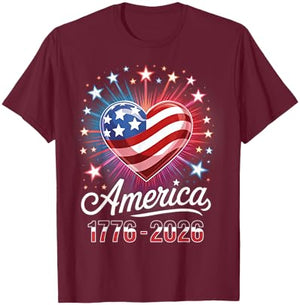 Flag Heart 1776 2026 July 4th 250th Birthday T-Shirt - T-Shirt | Maroon