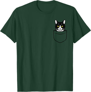Black and White Cat Pocket Cute Kitten Kitty Women Girls Kid T-Shirt - T-Shirt | Forest