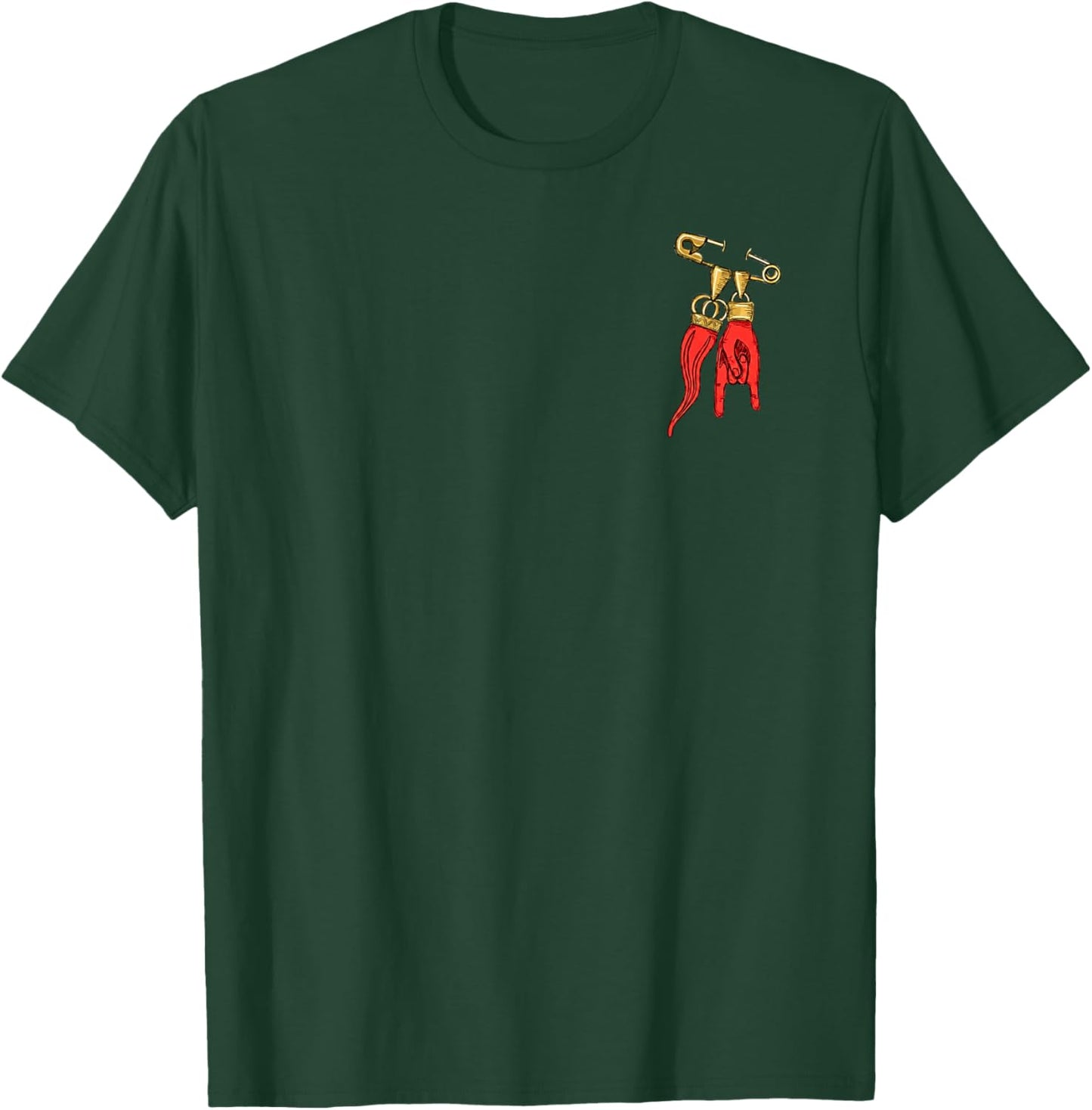 Italian Charm Safety Pin with Cornicello Horn & Mano Cornuto T-Shirt - T-Shirt | Forest