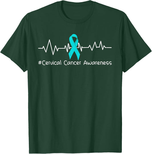 Cervical Cancer Awareness Heartbeat Ribbon Teal T-Shirt - T-Shirt | Forest
