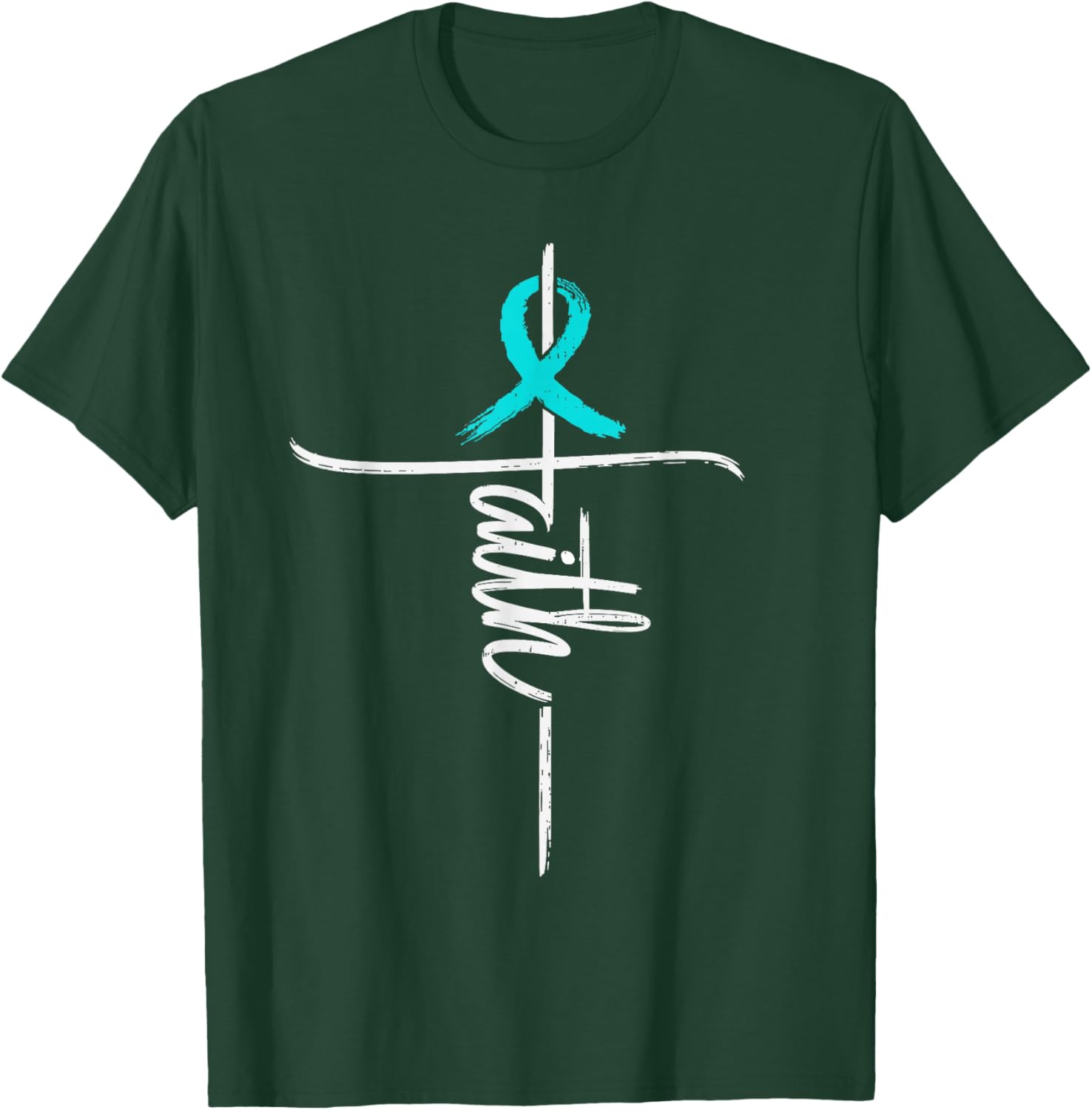 Faith Cross Cervical Cancer Awareness Christian Ribbon Teal T-Shirt - T-Shirt | Forest