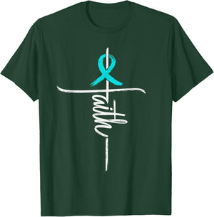 Faith Cross Cervical Cancer Awareness Christian Ribbon Teal T-Shirt - T-Shirt | Forest