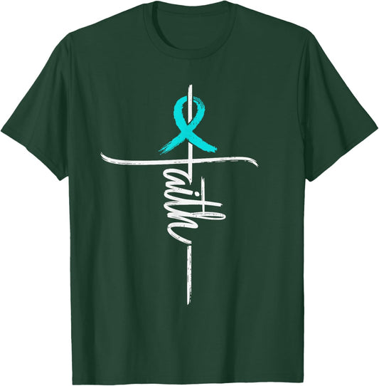 Faith Cross Cervical Cancer Awareness Christian Ribbon Teal T-Shirt - T-Shirt | Forest