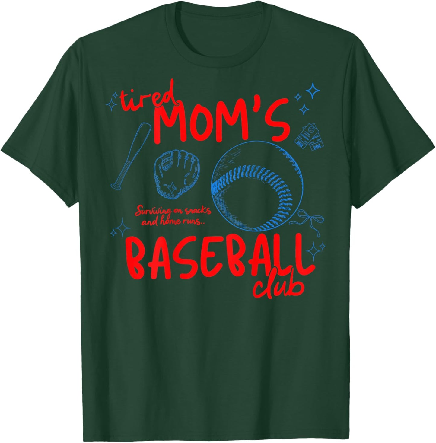 (ON Back) Tired Mom's Baseball Club Baseball Mom Retro T-Shirt - T-Shirt | Forest