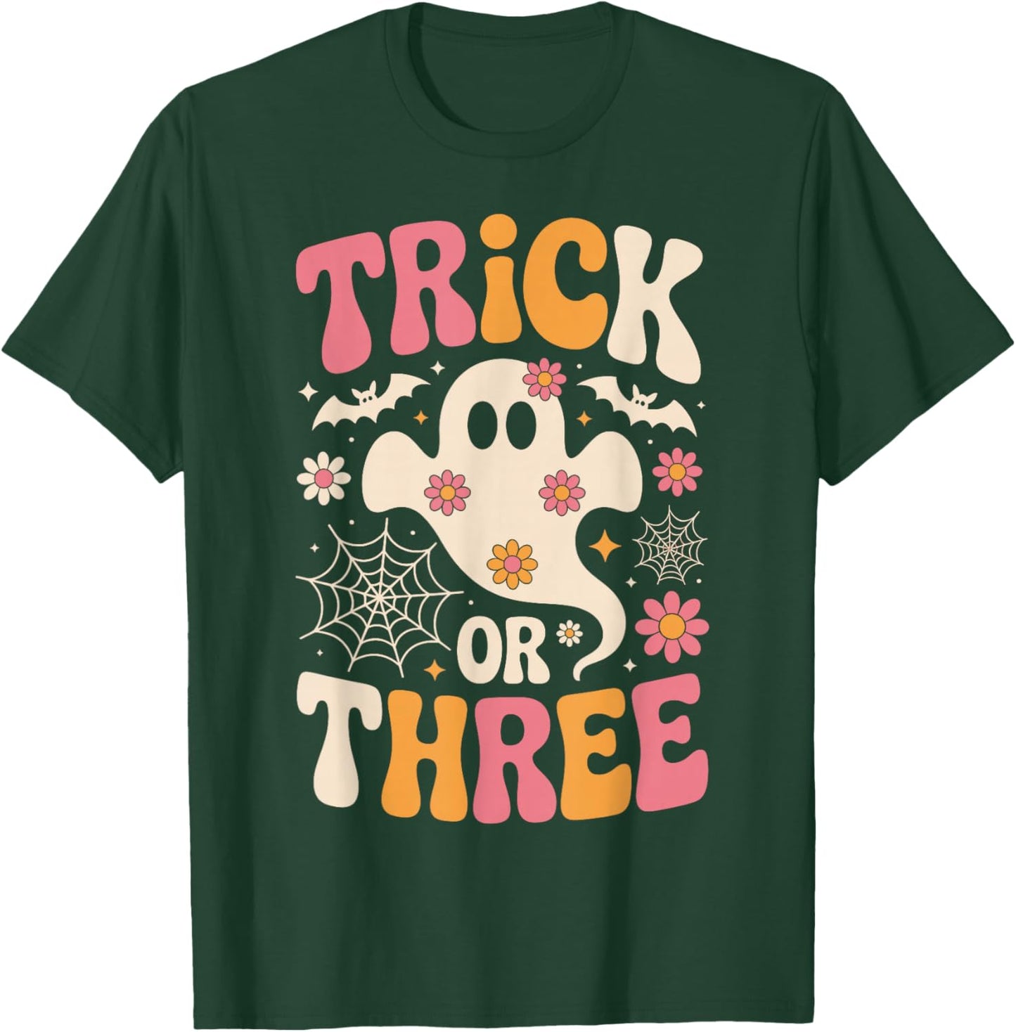 Trick Or Three 3 Years Old Birthday Groovy Ghost Halloween T-Shirt - T-Shirt | Forest