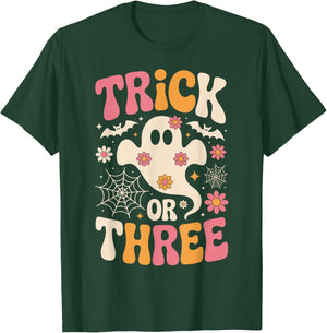 Trick Or Three 3 Years Old Birthday Groovy Ghost Halloween T-Shirt - T-Shirt | Forest