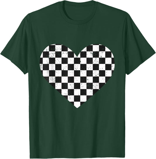 Girls Valentines Heart Silhouette Checkerboard Retro T-Shirt - T-Shirt | Forest