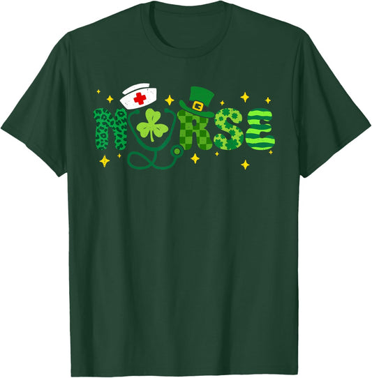 Nurse St Patricks Day Scrub Top Shamrock Stethoscope T-Shirt - T-Shirt | Forest