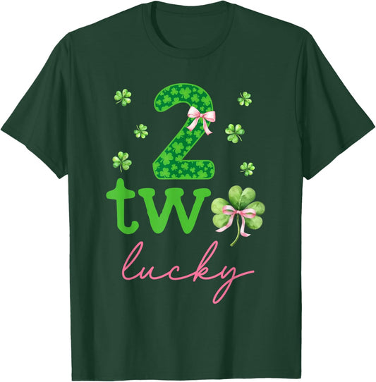 Two Lucky 2 Years Old Birthday Girl Bow 2nd Birthday Party T-Shirt - T-Shirt | Forest