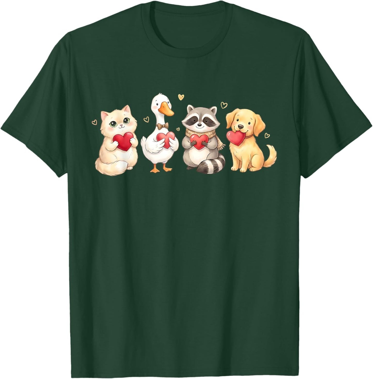 Cute Cat Dog Raccoon Goose Holding Hearts Valentine Lovers T-Shirt - T-Shirt | Forest