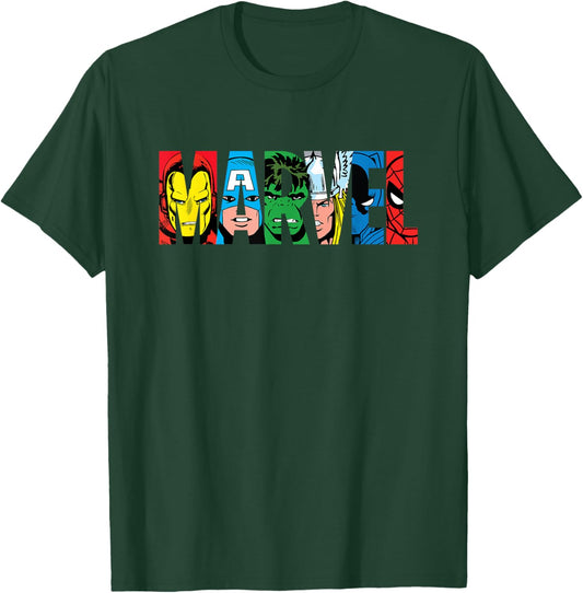 Marvel Logo Classic Avengers & Spider-Man Retro Comic Art T-Shirt - T-Shirt | Forest